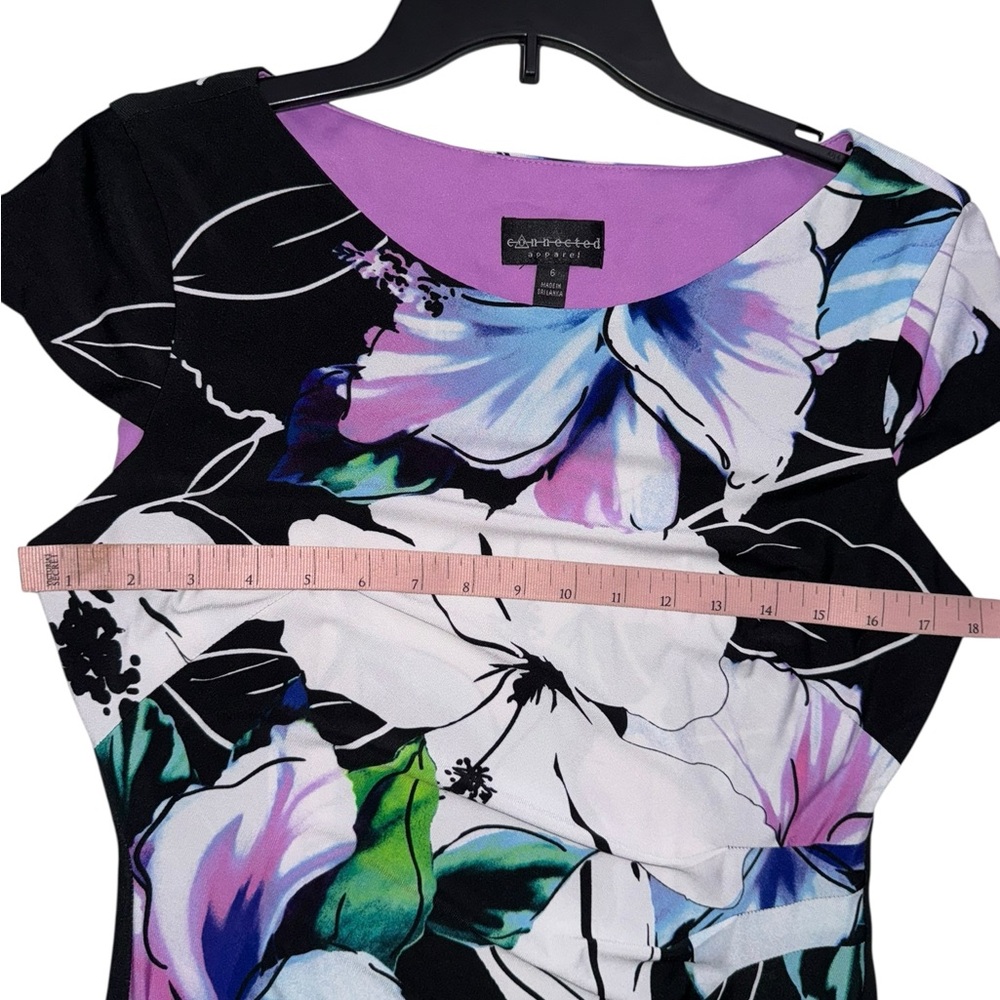 Connected Apparel Black and Purple Floral Midi Dress Size 6 - Picture 5 of 6